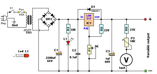 Схема линейного интегрального стабилизатора с регулируемым напряжением ЛМ-317